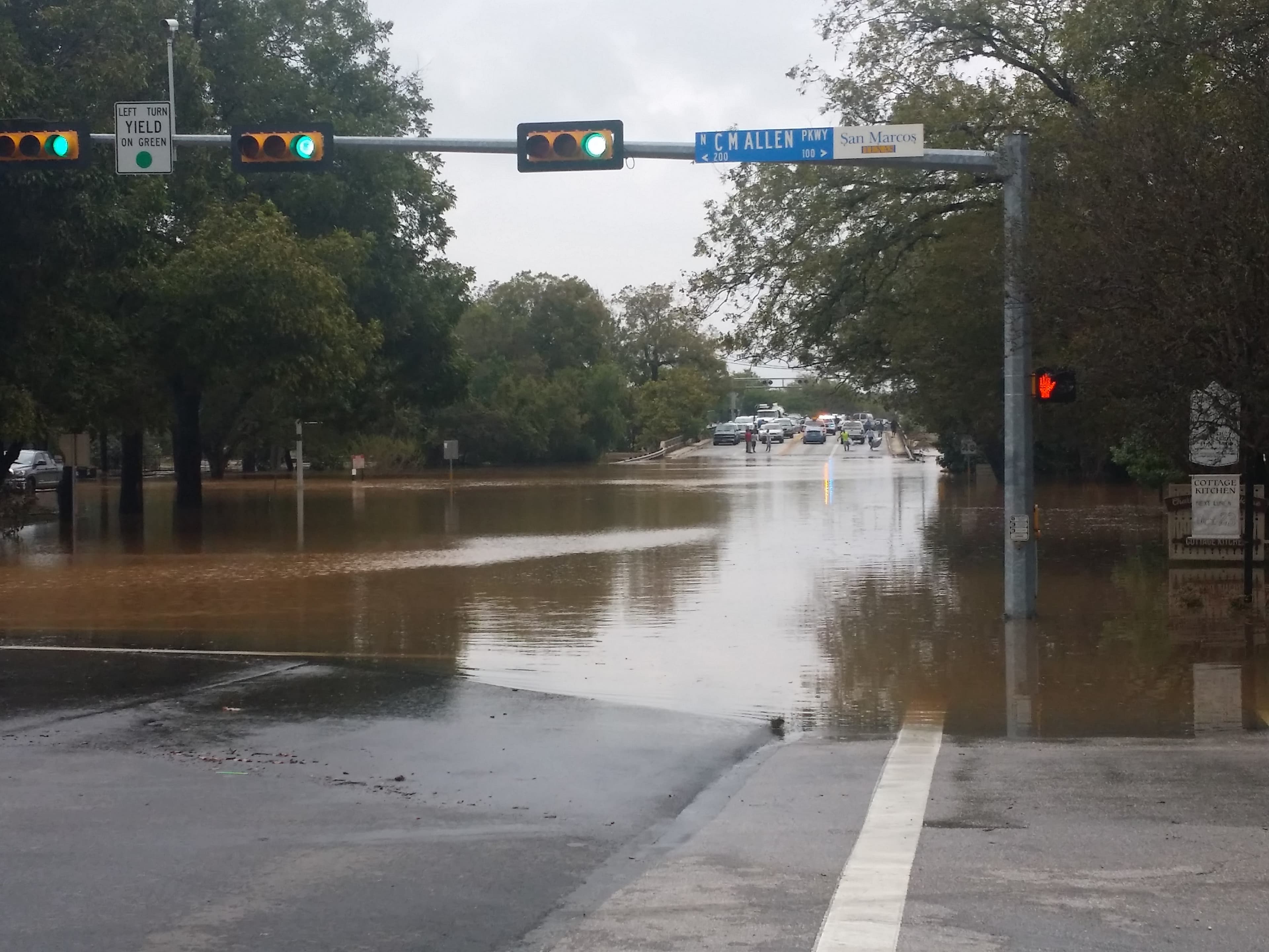 Flooded street intersection in San Marcos, Texas during a flash flood