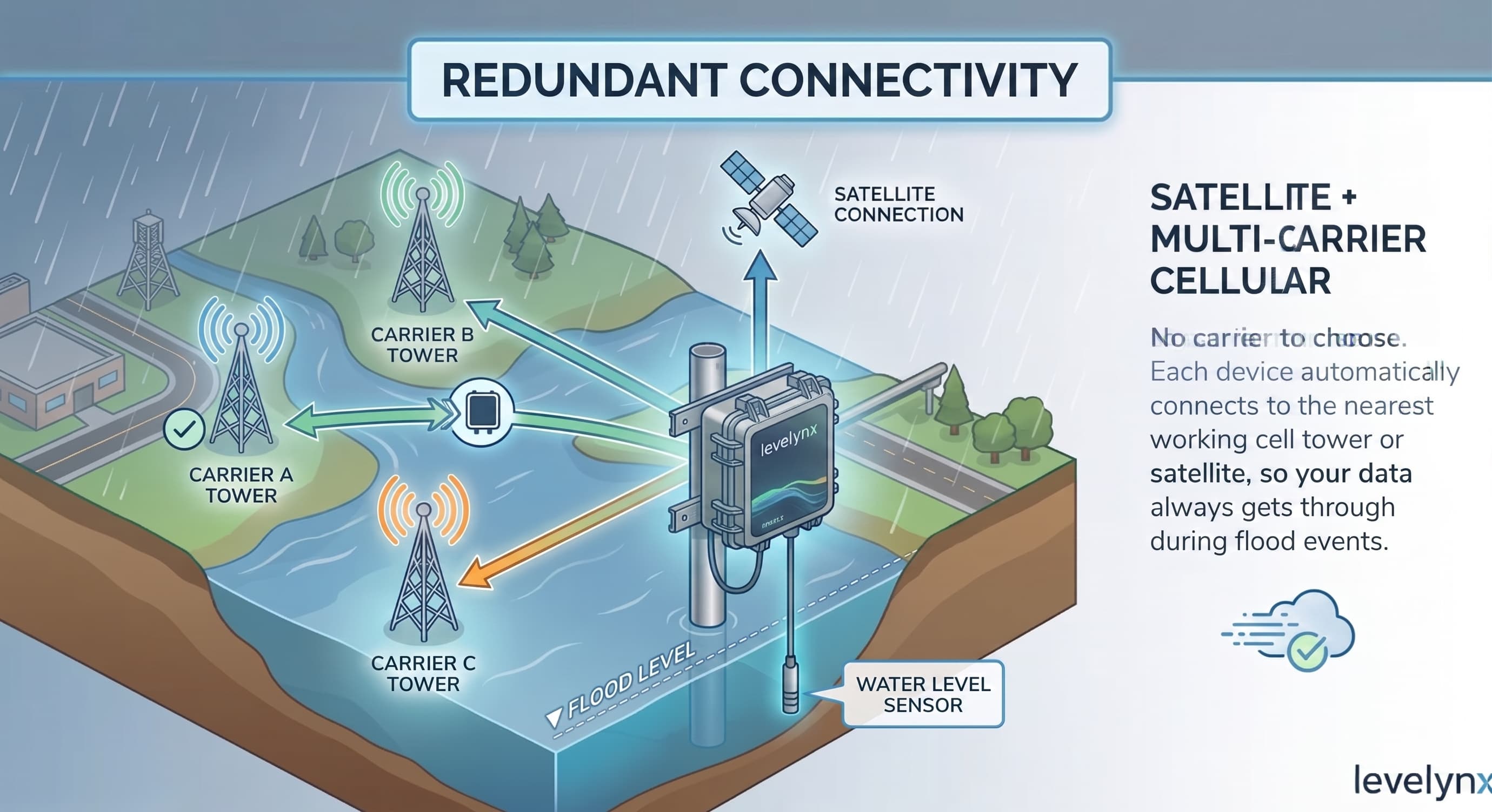 Diagram of redundant connectivity: a pole-mounted Levelynx flood monitoring node with a submerged water level sensor automatically connecting to the nearest working cell carrier tower or satellite during a flood event