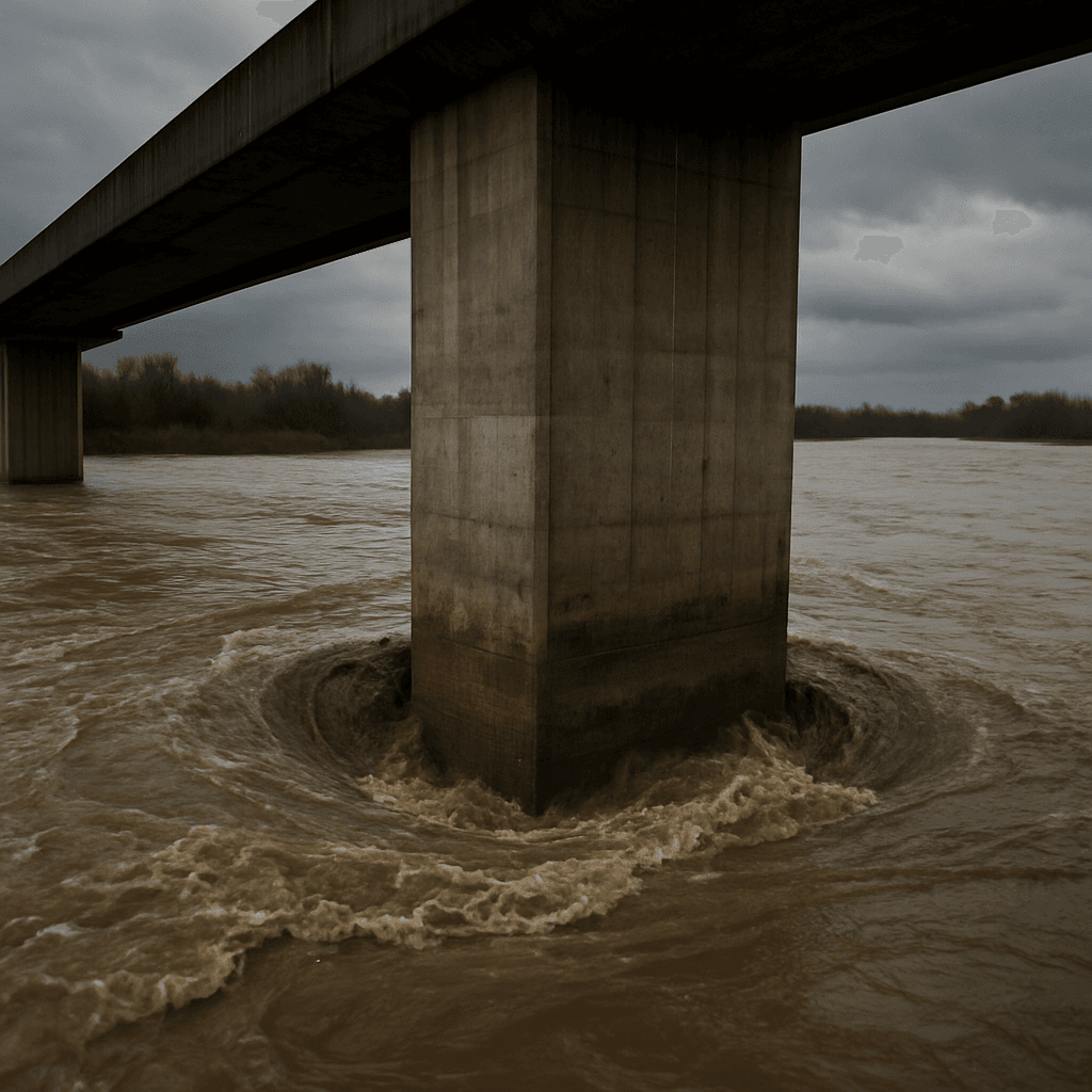 Turbulent floodwater scouring the base of a bridge pier