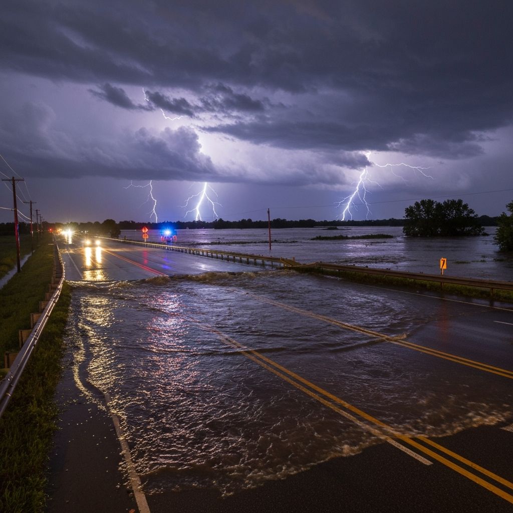 Flooded road during storm conditions