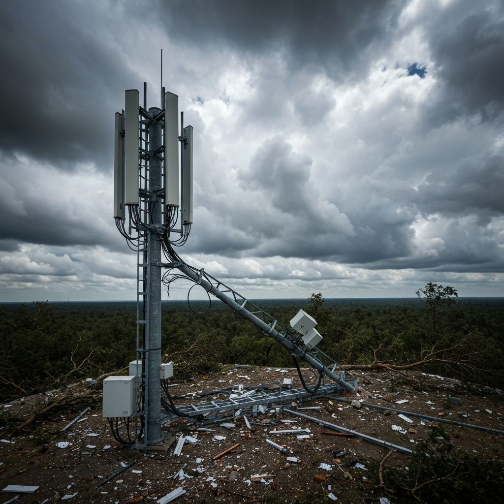 Damaged communication tower after storm